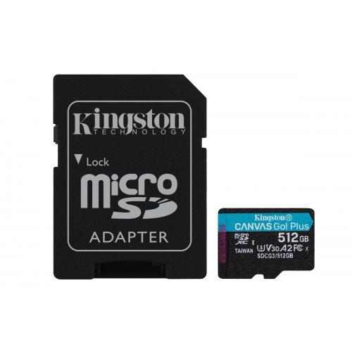 Memory Card microSDXC Kingston Canvas Go Plus 512GB, Class 10, UHS-I U3, V30, A2 + Adaptor SD