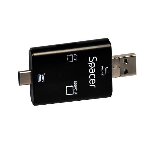 Card reader Spacer SPCR-309, SD/MicroSD, USB/USB-C/MicroUSB, Black