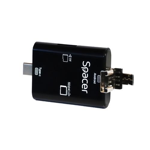 Card reader Spacer SPCR-309, SD/MicroSD, USB/USB-C/MicroUSB, Black