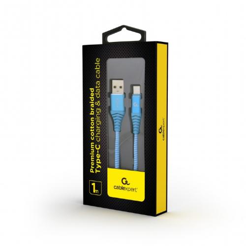 Cablu de date Gembird Premium Cotton Braided, USB - USB-C, 2m, Blue