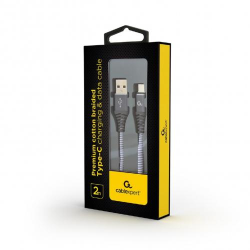 Cablu de date Gembird Premium Cotton Braided, USB 2.0 - USB-C, 2m, Grey