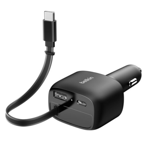 75W 2-PORT WITH RETRACTABLE/USB-C CABLE CAR CHARGER