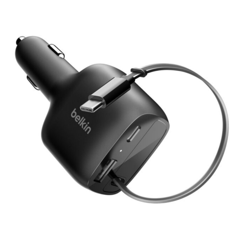 75W 2-PORT WITH RETRACTABLE/USB-C CABLE CAR CHARGER