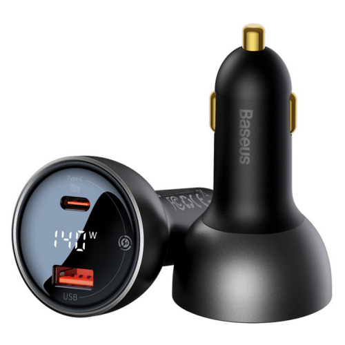 Incarcator auto Baseus Digital Display, 1 x USB-A, 1 x USB-C, Black