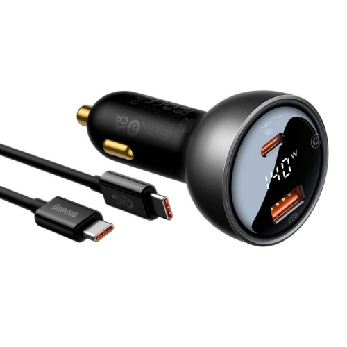 Incarcator auto Baseus Digital Display, 1 x USB-A, 1 x USB-C, Black