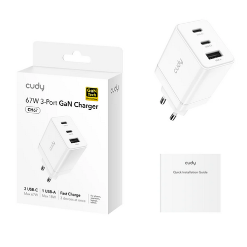 Incarcator retea Cudy CH67, 2 x USB-C,1 x USB-C, 21 V, 3.35 A, 67 W, White