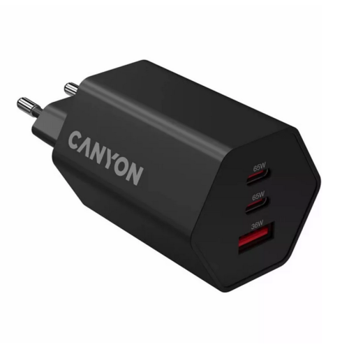 Incarcator retea Canyon Hexagon 65, 1 x USB-A, 2 x USB-C, 20 V, 3.25 A, 65 W, Black