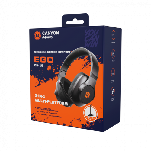 Casti cu microfon Canyon EGO GH-16, USB Wireless/Bluetooth/3.5mm jack, Black