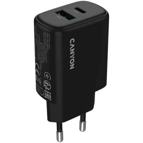 Incarcator retea Canyon OnCharge 200, 1 x USB-A, 1 x USB-C, 12 V, 3 A, 20 W, Black