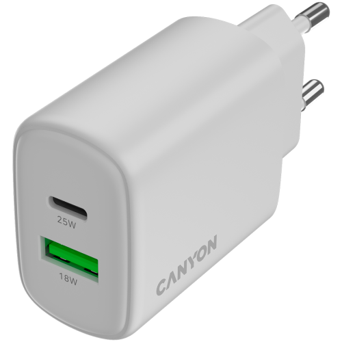 Incarcator retea Canyon OnCharge 250, 1 x USB-C, 1 x USB-A, 12 V, 3 A, 25 W, White