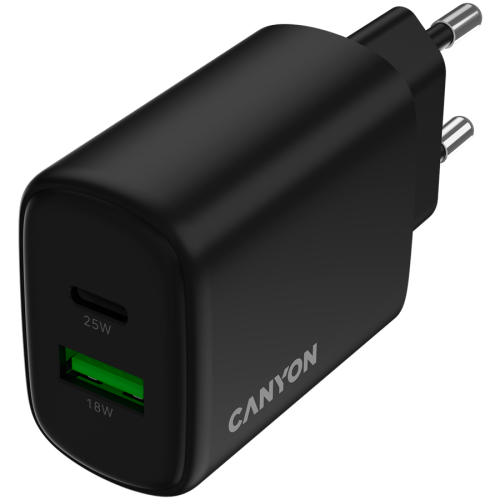 Incarcator retea Canyon OnCharge 250, 1 x USB-C, 1 x USB-A, 12 V, 3 A, 25 W, Black