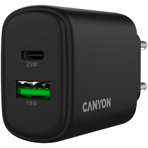 Incarcator retea Canyon OnCharge 250, 1 x USB-C, 1 x USB-A, 12 V, 3 A, 25 W, Black