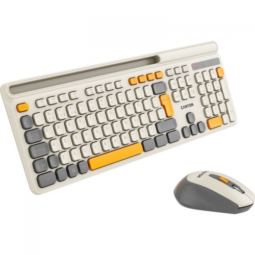 Kit Wireless Canyon HSET-W5 - Tastatura, USB Wireless, Beige + Mouse Optic, USB Wireless, Gray