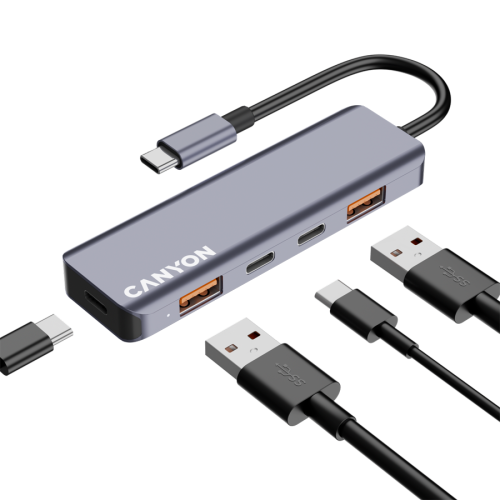 Hub USB Canyon DS-18, 3 x USB-C, 2 x USB-A, Grey