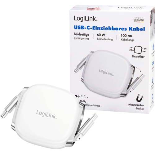 CABLU alimentare si date LOGILINK, pt. smartphone, USB 2.0, USB Type-C (T) la USB Type-C (T), 1m, PD  60W, 480Mbps, retractabil, ecranat, plastic, white, 