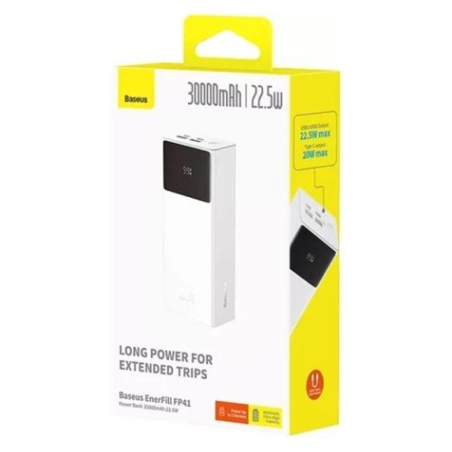 POWER BANK Baseus EnerFill FP41, 30000mAh, 22.5W, display, 1 x USB, 1 x USB Type-C, cablu inclus USB la USB Type-C 0.3m, alb, 
