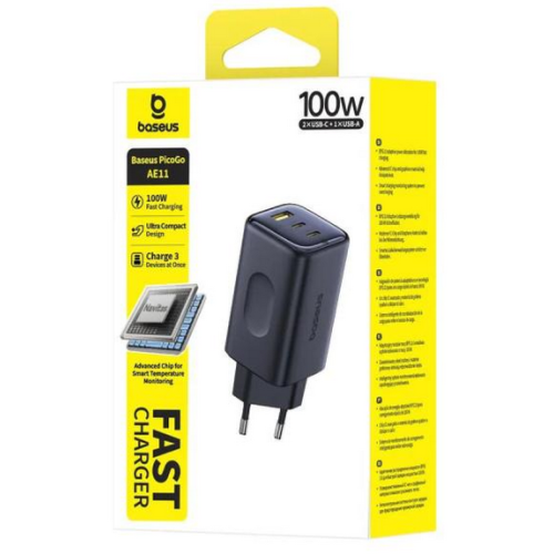 INCARCATOR retea Baseus PicoGo AE11, 100W,  1 x USB, 2 x USB Type-C, negru 