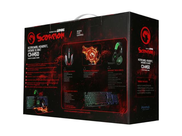Kit Marvo CM450 - Tastatura Marvo K616, RGB LED, USB, Black + Casti Stereo HG8942, jack, Black-Green + Mouse Optic M314, USB, Black-Silver + Mouse Pad G20, Black-Red