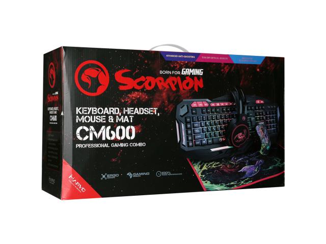 Kit Marvo CM600 - Tastatura KG760 RGB LED, USB, Black + Mouse Optic G932, USB, Multicolor + Casti stereo HG8907, jack, Black-Red + Mouse Pad G21 Scorpion, Multicolor