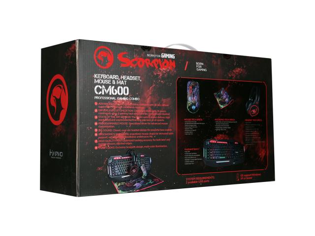 Kit Marvo CM600 - Tastatura KG760 RGB LED, USB, Black + Mouse Optic G932, USB, Multicolor + Casti stereo HG8907, jack, Black-Red + Mouse Pad G21 Scorpion, Multicolor