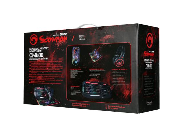 Kit Marvo CM600 - Tastatura KG760 RGB LED, USB, Black + Mouse Optic G932, USB, Multicolor + Casti stereo HG8907, jack, Black-Red + Mouse Pad G21 Scorpion, Multicolor