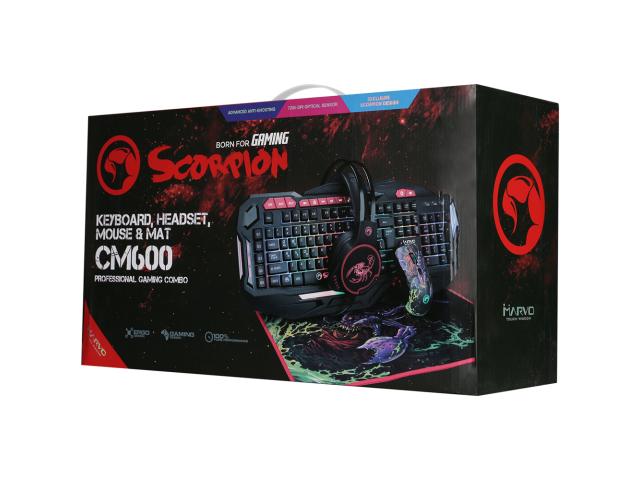 Kit Marvo CM600 - Tastatura KG760 RGB LED, USB, Black + Mouse Optic G932, USB, Multicolor + Casti stereo HG8907, jack, Black-Red + Mouse Pad G21 Scorpion, Multicolor