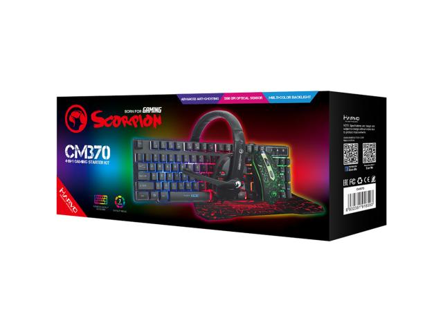 Kit 4 in 1 Marvo CM370 - Tastatura K632, RGB LED, USB, Black + Mouse optic M221, RGB LED, Black + Casti cu microfon H8311, 2xJack, Black-Red + Mouse Pad Black-Red