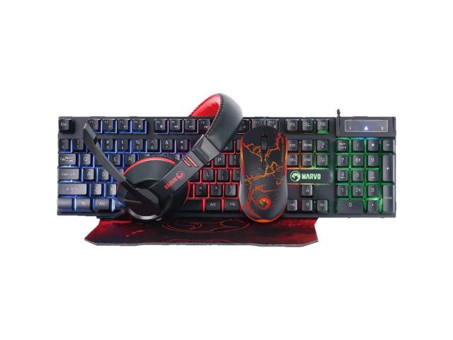 Kit Marvo Starter 4in1 CM409, Tastatura Marvo CM409, RGB LED, USB, Black + Casti Marvo CM409, Black-Red + Mouse Optic Marvo CM409, USB, Black-Red + Mouse Pad Marvo CM409, Black-Red