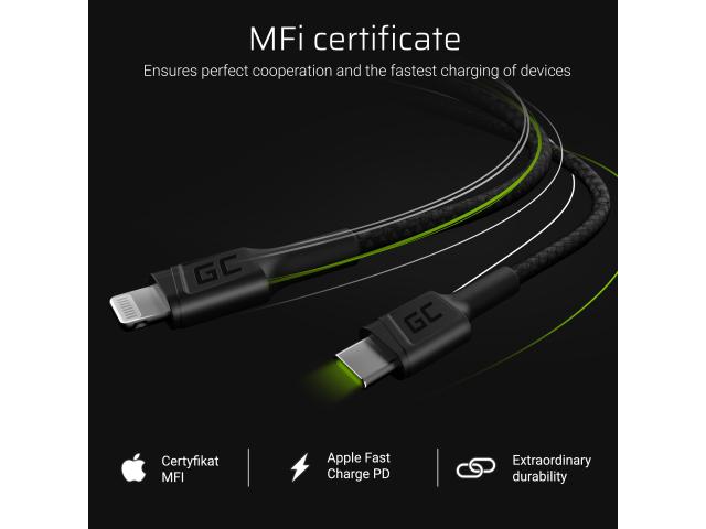 Green Cell Cable GC Power Stream USB-C - Lightning 100 cm with Power Delivery (Apple MFi Certified)