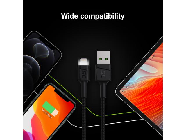 Green Cell Cable Ray USB-A - Lightning White LED 120cm with support for Apple 2.4A fast charging