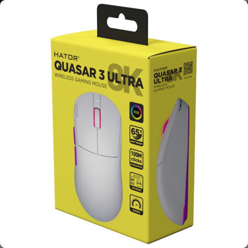 Mouse Optic Hator Quasar 3 ULTRA 8K, USB Wireless/USB/Bluetooth, White