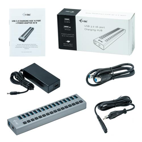 Hub USB i-tec U3CHARGEHUB16, 16x USB 3.2 gen 1, Black