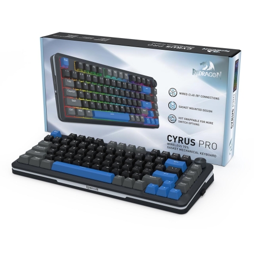 Tastatura gaming mecanica Bluetooth cu si fara fir Redragon Cyrus Pro neagra cu albastru iluminare RGB