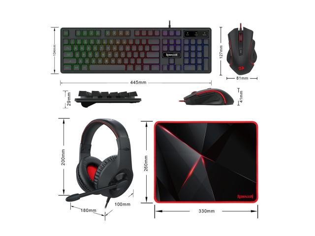 Kit Redragon S137 Gaming Essentials 4 in 1 - Tastatura, RGB LED, USB, Black + Mouse Optic, USB, Black + Casti, 3.5mm jack, Black + Mouse Pad, Black-Red