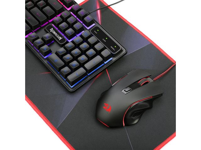 Kit Redragon S137 Gaming Essentials 4 in 1 - Tastatura, RGB LED, USB, Black + Mouse Optic, USB, Black + Casti, 3.5mm jack, Black + Mouse Pad, Black-Red