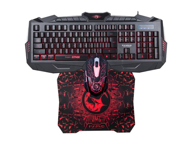Kit Marvo KM400+G1 - Tastatura K400, RGB LED, USB, Black + Mouse Optic M400, USB, Black + Mouse Pad G1, Black-Red