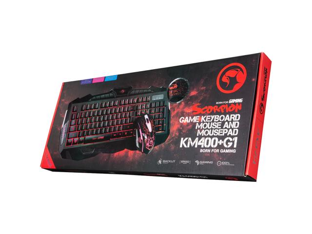 Kit Marvo KM400+G1 - Tastatura K400, RGB LED, USB, Black + Mouse Optic M400, USB, Black + Mouse Pad G1, Black-Red