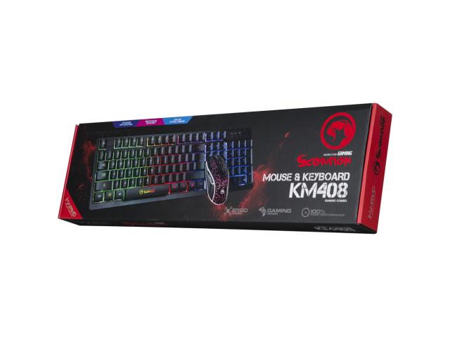 Kit Marvo KM408 - Tastatura K408, RGB LED, USB, Black +  Mouse Optic M408, USB, Black