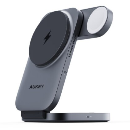 Incarcator wireless AUKEY MagFusion Z Qi2 3-in-1 Foldable, 15 W, Grey