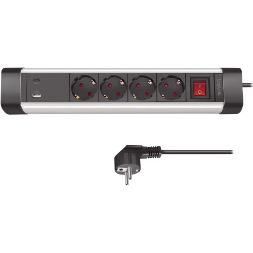 Prelungitor Logilink LPS278U, 4 x Schuko, 1 x USB-C, 1 x USB-A, 20 W, 1.5 m, Black-Silver