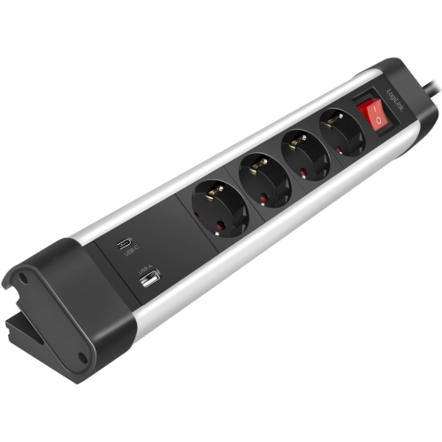 Prelungitor Logilink LPS278U, 4 x Schuko, 1 x USB-C, 1 x USB-A, 20 W, 1.5 m, Black-Silver