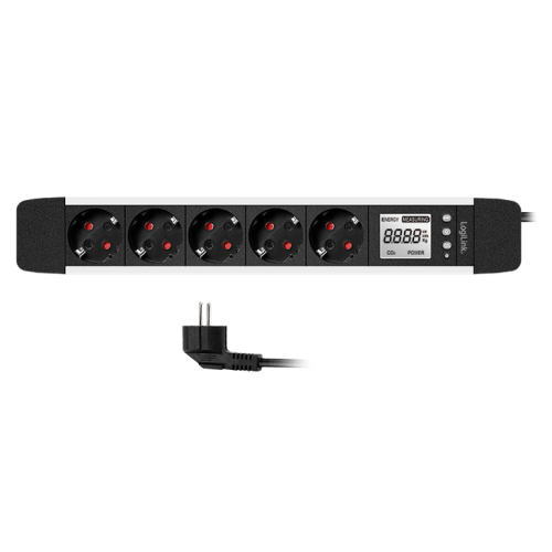 PRELUNGITOR LOGILINK, Schuko x 5, cablu 3G 1.5mm2, 230 V/16 A, 50 Hz, max. 3500 W, LCD consum, butoane: Power, Q, CO2, Reset, 1.4m, negru-argintiu, 