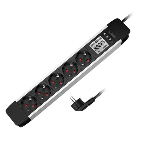 PRELUNGITOR LOGILINK, Schuko x 5, cablu 3G 1.5mm2, 230 V/16 A, 50 Hz, max. 3500 W, LCD consum, butoane: Power, Q, CO2, Reset, 1.4m, negru-argintiu, 