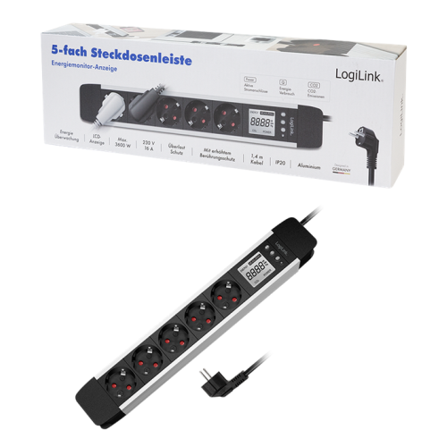 PRELUNGITOR LOGILINK, Schuko x 5, cablu 3G 1.5mm2, 230 V/16 A, 50 Hz, max. 3500 W, LCD consum, butoane: Power, Q, CO2, Reset, 1.4m, negru-argintiu, 