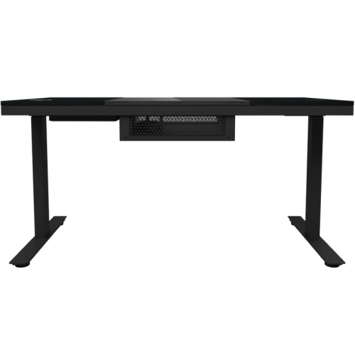 Dual-motor sit/stand adjustable-height gaming desk with built-in PC case, wireless charger, RGB lighting, control panel, and USB ports, tempered glass tabletop, black.