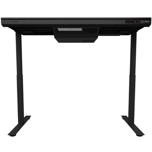 Dual-motor sit/stand adjustable-height gaming desk with built-in PC case, wireless charger, RGB lighting, control panel, and USB ports, tempered glass tabletop, black.