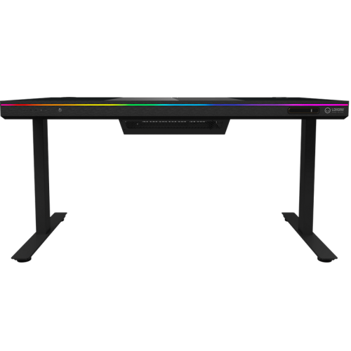 Dual-motor sit/stand adjustable-height gaming desk with built-in PC case, wireless charger, RGB lighting, control panel, and USB ports, tempered glass tabletop, black.