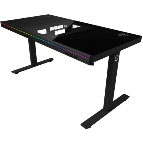 Dual-motor sit/stand adjustable-height gaming desk with built-in PC case, wireless charger, RGB lighting, control panel, and USB ports, tempered glass tabletop, black.
