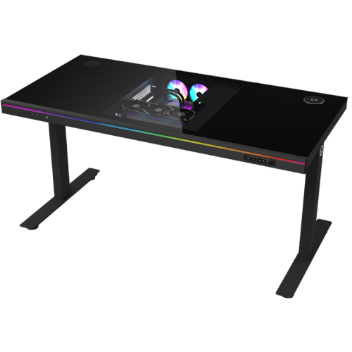 Dual-motor sit/stand adjustable-height gaming desk with built-in PC case, wireless charger, RGB lighting, control panel, and USB ports, tempered glass tabletop, black.