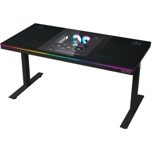 Dual-motor sit/stand adjustable-height gaming desk with built-in PC case, wireless charger, RGB lighting, control panel, and USB ports, wooden tabletop, black.